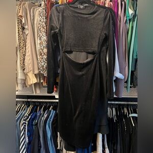Black velour long sleeve dress with high stomach cutout. Size small.